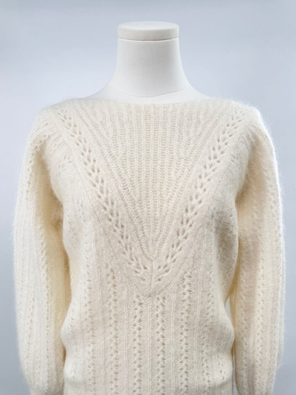 Sezane Ivory Kid Mohair & Wool Sweater Pointelle Knit Low V Back Cream S